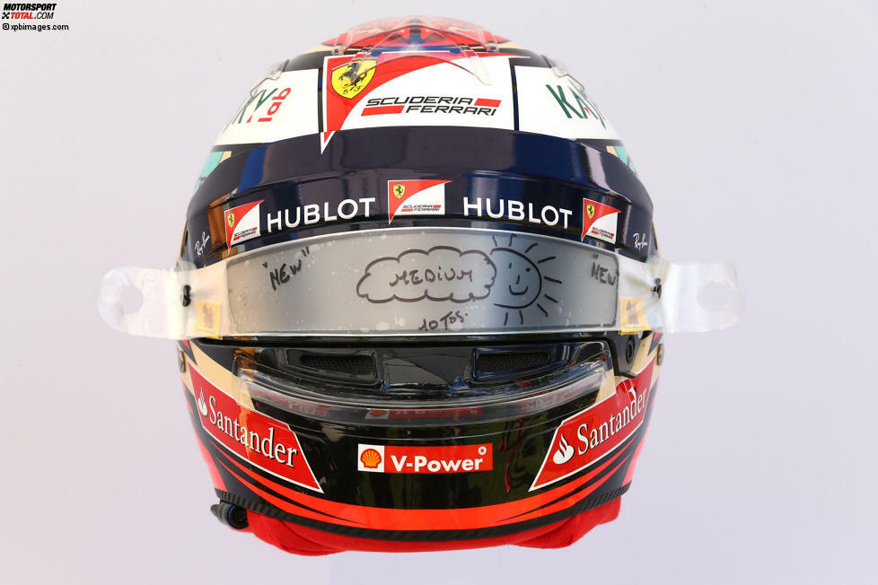 Kimi Räikkönen (#7, Ferrari): Der Finne bleibt seinem Design treu, aber sein Helmbetreuer scheint beste Laune zu haben, wie man an der Malerei auf der Folie sieht.
