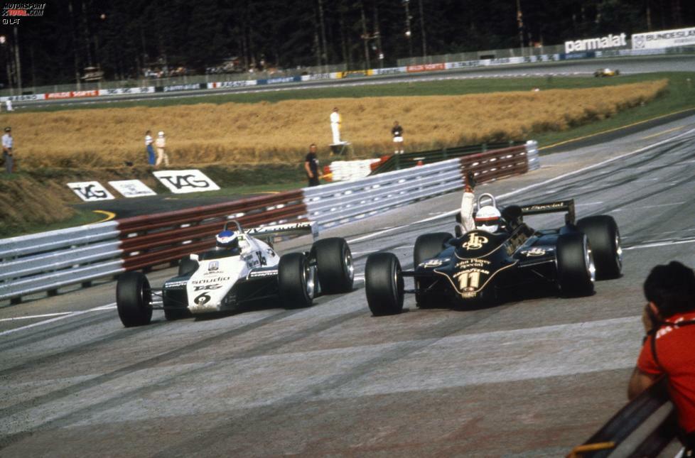 Platz 4: Elio de Angelis (Lotus) und Keke Rosberg (Williams) beschleunigen nach einer Ausfallorgie und einem atemberaubenden Zweikampf in der Schlussrunde Seite an Seite auf die Zielgerade, als der Italiener mit 0,050 Sekunden Vorsprung den Österreich-Grand-Prix 1982 für sich entscheidet.