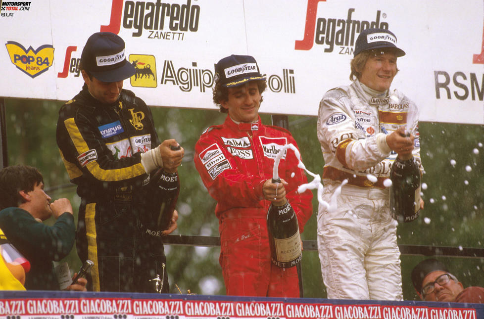 Elio de Angelis (San Marino 1985) - Drei Jahre später erwischt es Alain Prost selbst. Der Franzose gewinnt in Imola, wird allerdings später disqualifiziert, weil sein McLaren zwei Kilogramm zu leicht ist. Den Sieg erbt de Angelis, der damit zum zweiten und letzten Mal in der Formel 1 triumphiert.