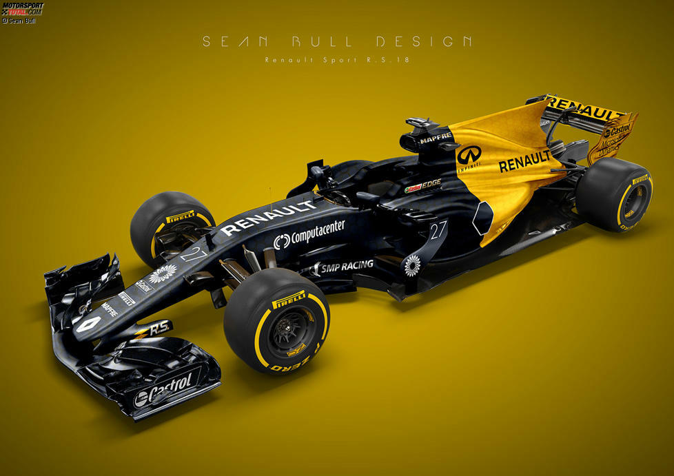 Auch für das Renault-Team hat Sean Bull eine eigene Lackierung entworfen. Scheinbar ist er mit dem bisherigen Design nicht ganz zufrieden. Stattdessen verlässt er sich auf ein deutlich voneinander abgetrenntes Zwei-Farben-Design in den traditionellen Farben gelb-schwarz.