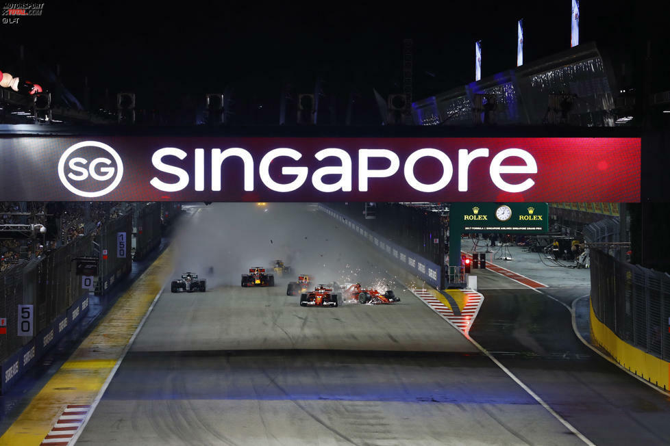 Startchaos in Singapur: Zunächst sieht alles nach einem normalen Start aus: Verstappen kommt besser weg als Vettel, Räikkönen besser als beide.