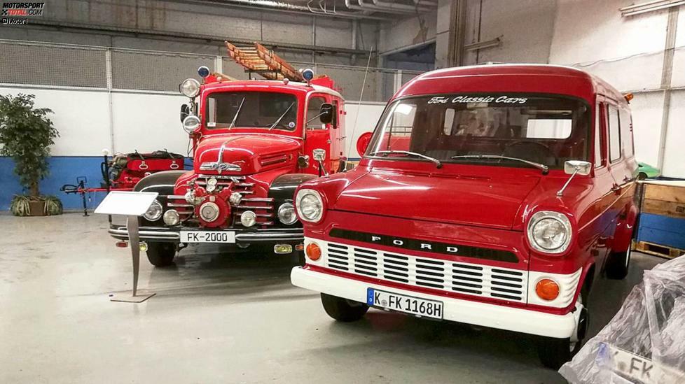 Helden des Brandschutzes: Neben einem alten Ford Transit, wie er häufig bei der Feuerwehr überlebt hat, steht ein seltener FK 2000-Leiterwagen aus den 1950er-Jahren.