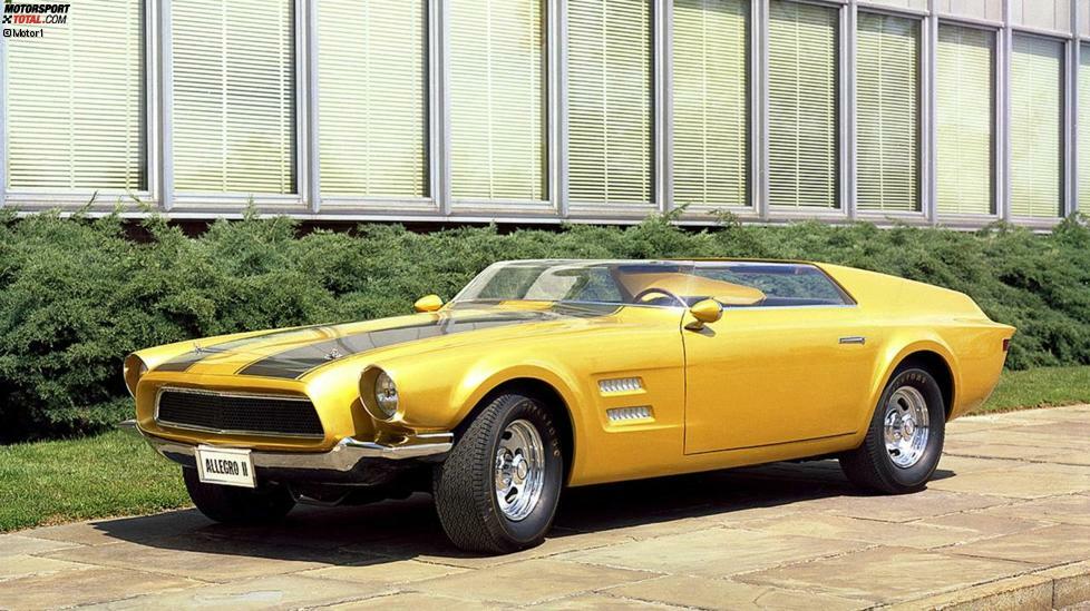 Ford Allegro II Concept: 1967 wurde eines der originalen Konzepte von 1962 wiederbelebt. Grundlage war der Avanti/Allegro Fastback, aber man entfernte die Dachpartie zugunsten einer sehr flachen Frontscheibe und Finnen auf dem Heck. Von vorne erinnert der Wagen an den 1970er-Camaro von Chevrolet und die zweite Mustang-Generation (1974).