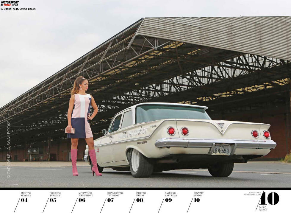 Girls & legendary US-Cars 2019, Woche 10: Trixi La Flame an einem Chevrolet Bel Air von 1961