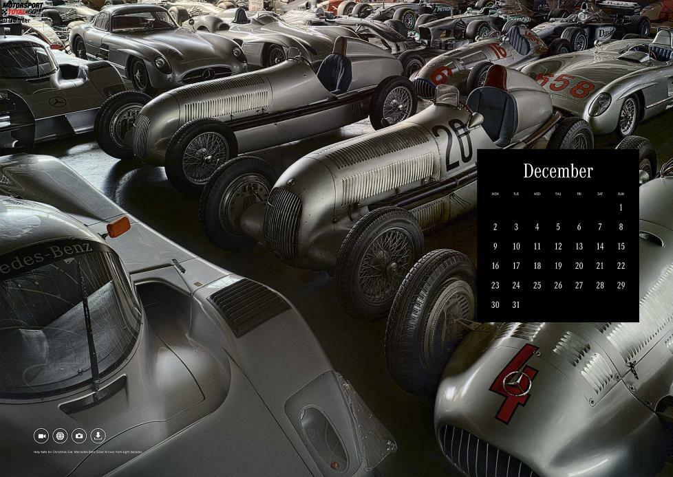 Mercedes-Benz Classic Kalender 2019, Motiv für den Monat Dezember: Silberpfeile aus acht Jahrzehnten in den 