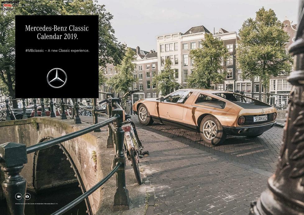 Mercedes-Benz Classic Kalender 2019, Titelseite mit Mercedes-Benz C 111 in Amsterdam.