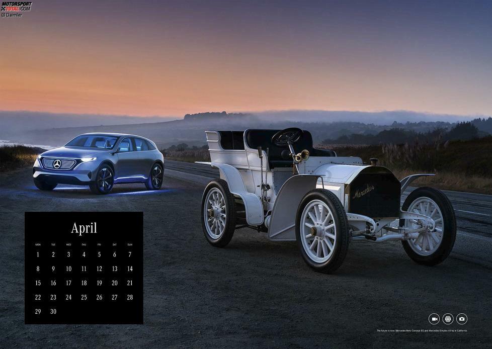 Mercedes-Benz Classic Kalender 2019, Motiv für den Monat April: Mercedes-Benz Concept EQ und Mercedes-Simplex 40 PS in Kalifornien