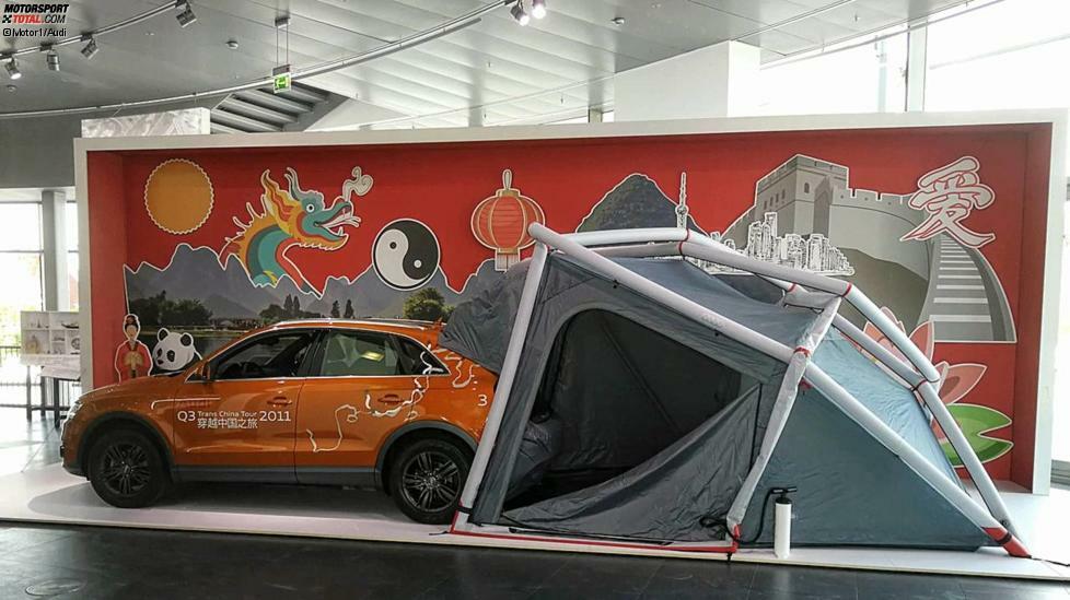 Auf Campingtour durch China: Zu guter Letzt führt uns unsere Reise durch das Audi-Museum zu diesem Audi Q3 von 2011. Auf einer sogenannten Trans-China-Tour promotete Audi den damals neuen Q3. Mit an Bord war ein spezielles Zelt zum Aufpumpen.