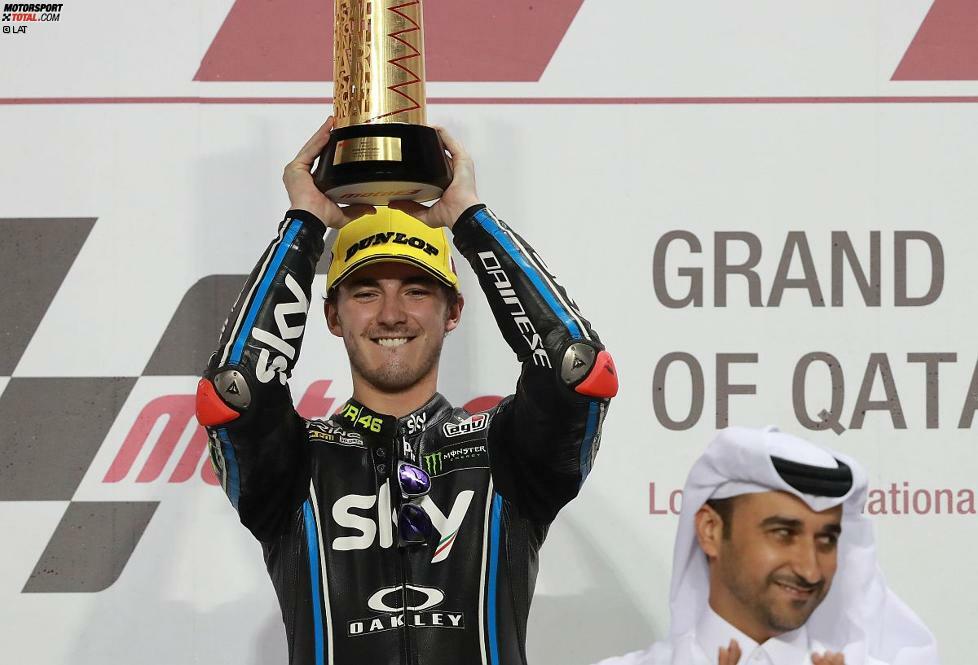 Den ersten Sieg holt sich Bagnaia beim Saisonauftakt 2018 in Katar. Zu diesem Zeitpunkt hat er bereits einen MotoGP-Vertrag mit Pramac-Ducati für 2019 in der Tasche. Mit 