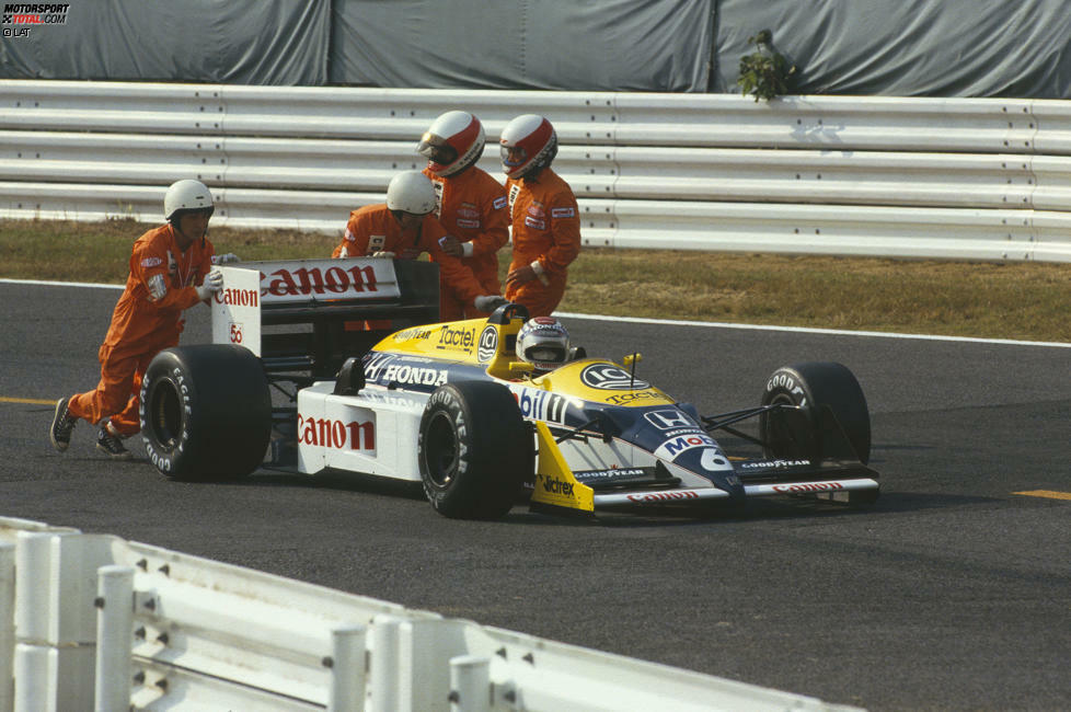1987 wird der Titel kurioserweise schon im Training entschieden! Nigel Mansell verletzt sich am Freitag bei einem Unfall in Suzuka schwer und fällt für den Rest der Saison aus. Damit steht Nelson Piquets Titel zwei Rennen vor Schluss fest. Dass er im Rennen fünf Runden vor Ende mit einem Motorenproblem stehenbleibt, spielt keine Rolle.