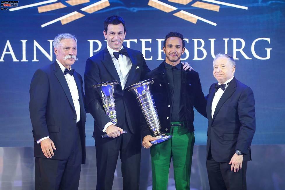 Formel-1-Boss Chase Carey, Mercedes-Teamchef Toto Wolff, Lewis Hamilton und FIA-Präsident Jean Todt.