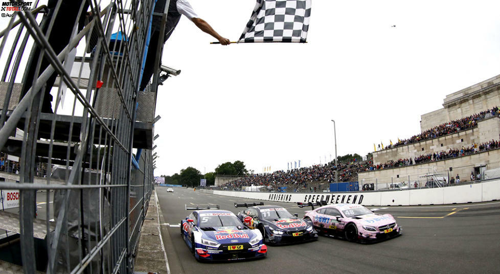 Enger geht's nicht: Im vergangenen Jahr gab es am Norisring ein Fotofinish vom Feinsten: Nur 0,027 Sekunden trennten den drittplatzierten Edoardo Mortara von Mattias Ekström (4.) und Marco Wittmann (5.).