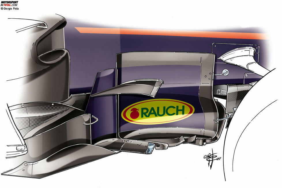 In Silverstone sahen die Barge-Boards schon wesentlich komplexer aus. Dieses Design stellte die Basis für den Weiterentwicklungs-Prozess dar, der zum aktuellen Design Stand 2018 geführt hat. Ziel des Designs: Die Verwirbelungen der Vorderräder in den Griff zu bekommen.