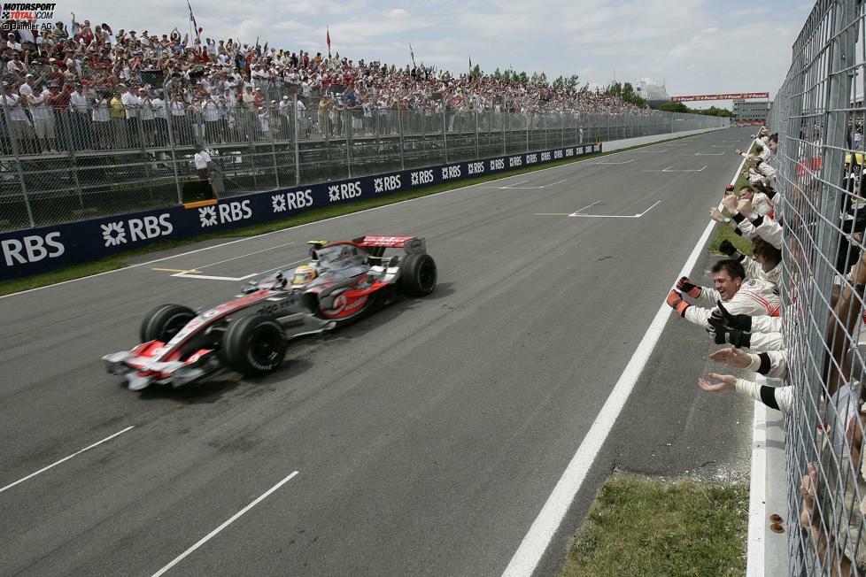 2007 holt Lewis Hamilton in Kanada seinen ersten Sieg in deR Formel 1. Bei McLaren und Mercedes hat der Brite bislang jeden seiner Grands Prix mit Mercedes-Power im Heck bestritten.