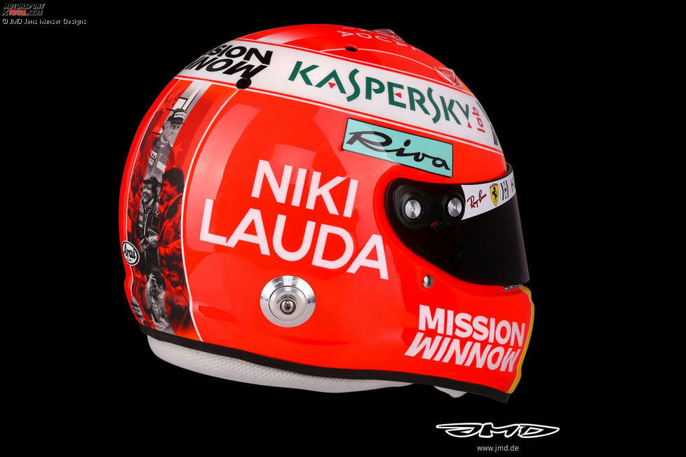 Sebastian Vettel geht noch einen Schritt weiter: Mit einem neuen Helm erinnert er an die Lackierung, die Lauda zu seiner aktiven Zeit selbst getragen hat. Das Design beinhaltet außerdem Szenen aus Laudas Karriere.