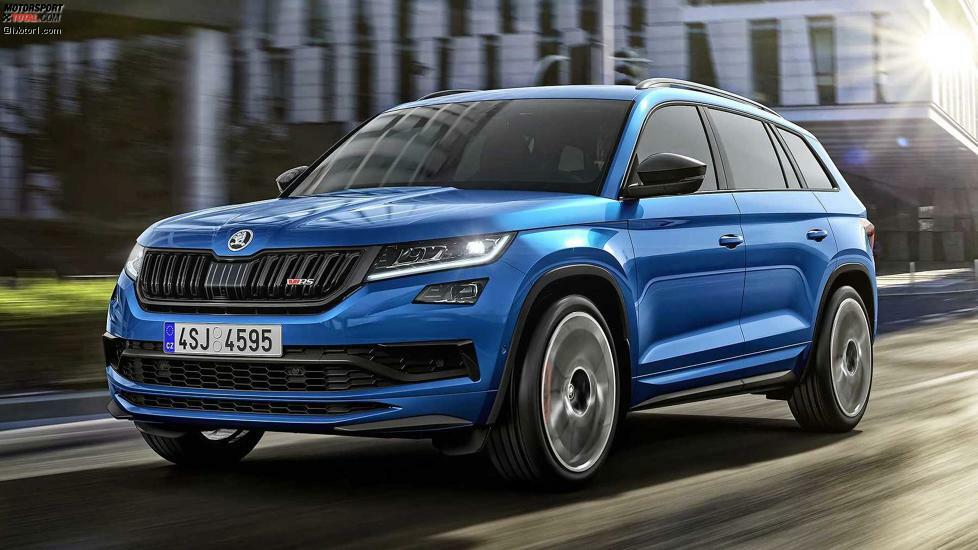 Skoda Kodiaq RS: Das erste Skoda-SUV, das RS-Weihen erhält. Das neue Topmodell hat einen Zweiliter-Biturbo-Diesel mit 240 PS und 500 Nm, geht in 6,9 Sekunden auf 100 km/h und fährt 220 km/h Spitze. Sportliche Schürzen, 20-Zöller und Alcantara-Sportsitze sind Serie. Die Preise starten bei 49.990 Euro.