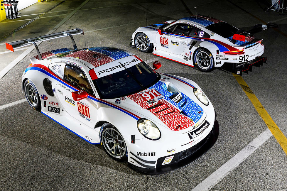 Porsche #911 (Pilet/Tandy/Makowiecki) - Erinnerung an: Brumos Racing. Porsche widmet sein treustes US-Team, das ein halbes Jahrhundert lang dem Hersteller aus Weissach die Stange hielt. 1973, 1975 (jeweils Porsche Carrera RSR), 1978 (Porsche 935/77) und 2009 (Riley MK.XI-Porsche) siegten die Brumos-Farben in Daytona.