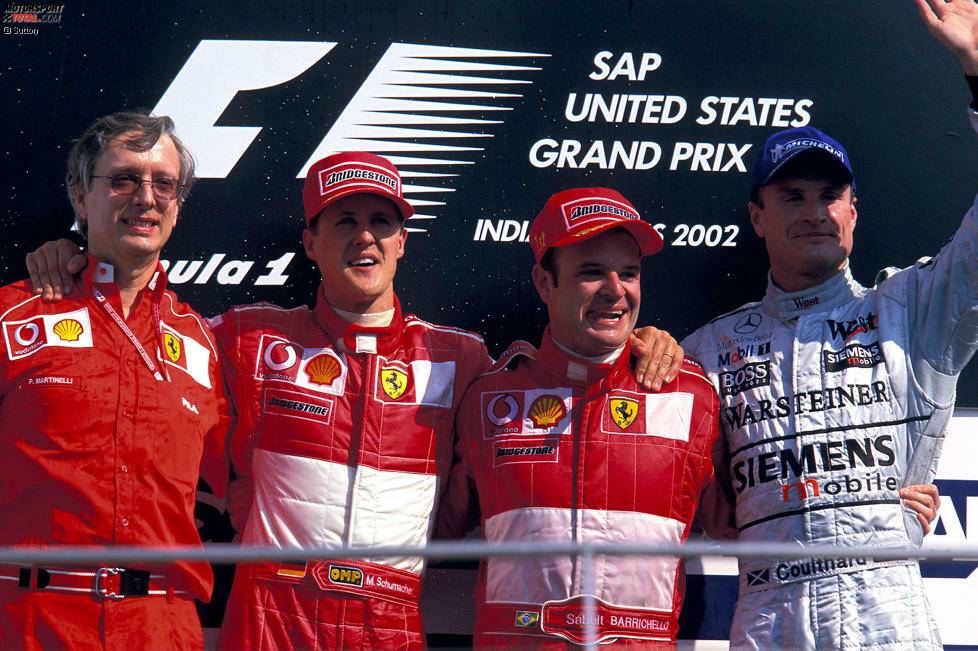 Es dauert 50 Jahre(!) ehe Ferrari das Künsstück von fünf Doppelsiegen in Folge wiederholen kann. Weltmeister Michael Schumacher und Ruben Barrichello siegen 2002 nacheinander in Budapest, Spa, Monza, Indianapolis und beim Saisonfinale Suzuka. Dann ist die Saison vorbei - und damit auch die Serie.