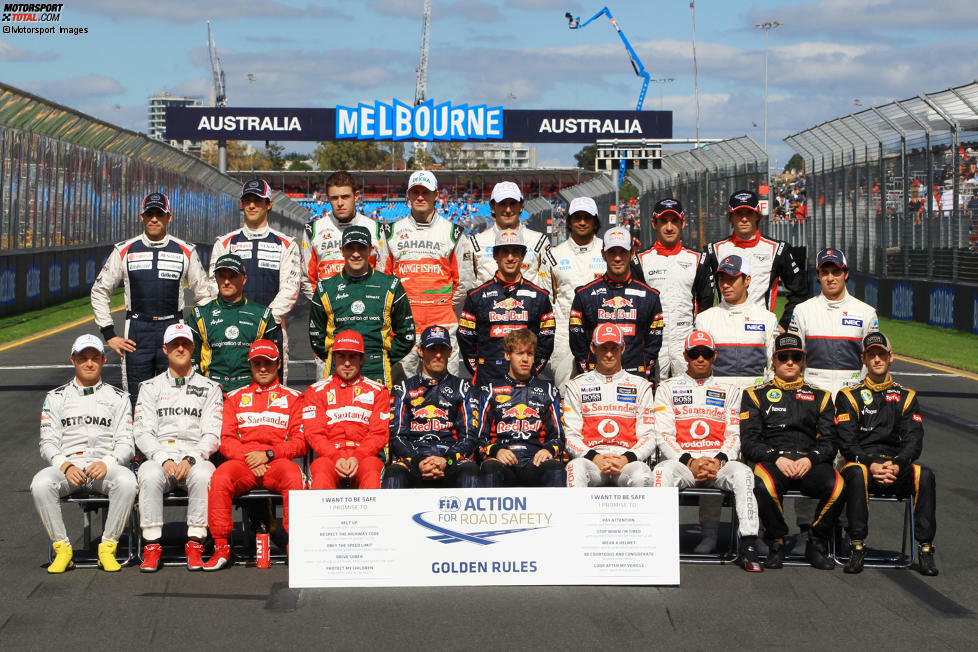Melbourne, 18. März 2012: Erstmals in der Geschichte der Formel 1 gehen mit Fernando Alonso, Jenson Button, Lewis Hamilton, Kimi Räikkönen, Michael Schumacher und Sebastian Vettel gleich sechs Weltmeister an den Start - Formel-1-Rekord!