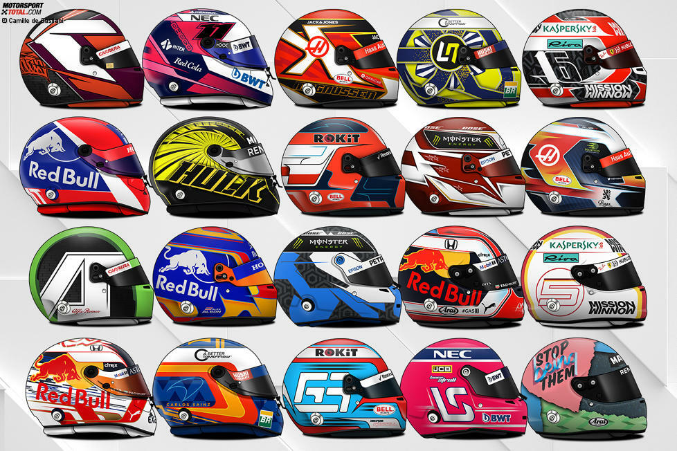 Vieles ist neu in der Formel 1 2019, auch die Helmdesigns einiger Piloten. Wir stellen die neuen Farben der Fahrer vor, sortiert nach Startnummern von klein nach groß!