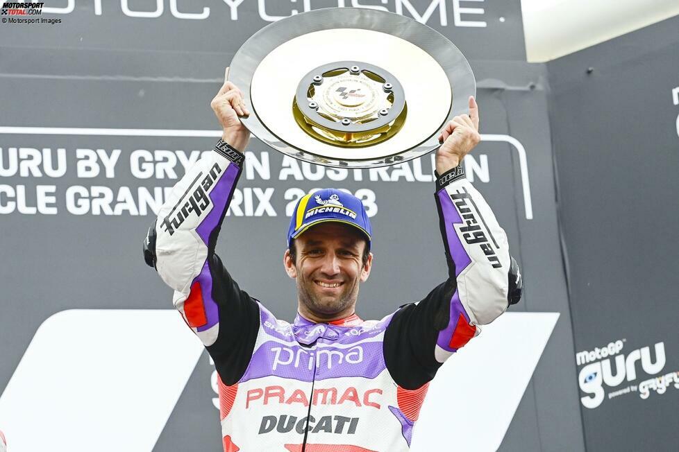 Johann Zarco (Phillip Island 2023): Sechs Jahre nach dem Gewinn der Rookie-Wertung gelingt dem Franzosen als MotoGP-Pilot endlich auch ein Rennsieg. Beim Grand Prix von Autstralien, der wetterbedingt von Sonntag auf Samstag vorverlegt wird, setzt er sich in einer spannenden Schlussphase durch.