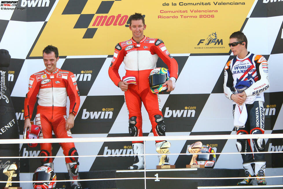 Troy Bayliss (Valencia 2006): Er kam, sah und siegte - im zweiten Anlauf. Zwischen 2003 und 2005 fährt der Superbike-Weltmeister von 2001 in der MotoGP für Ducati und Honda, holt in dieser Zeit aber keinen Sieg. Beim Finale 2006 in Valencia kehrt er nach mehr als einem Jahr noch einmal als Ersatzpilot in die MotoGP zurück - und gewinnt!