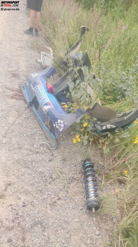 Die Überreste des Ford Fiesta WRC nach dem Testunfall von Hayden Paddon in Finnland.