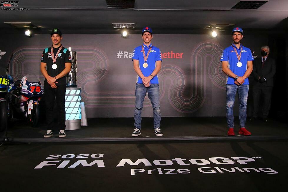 MotoGP Top 3 (von links nach rechts): Franco Morbidelli, Weltmeister Joan Mir und Alex Rins