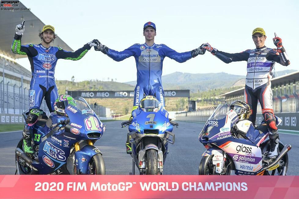 Die Weltmeister 2020: Enea Bastianini (Moto2), Joan Mir (MotoGP) und Albert Arenas (Moto3)