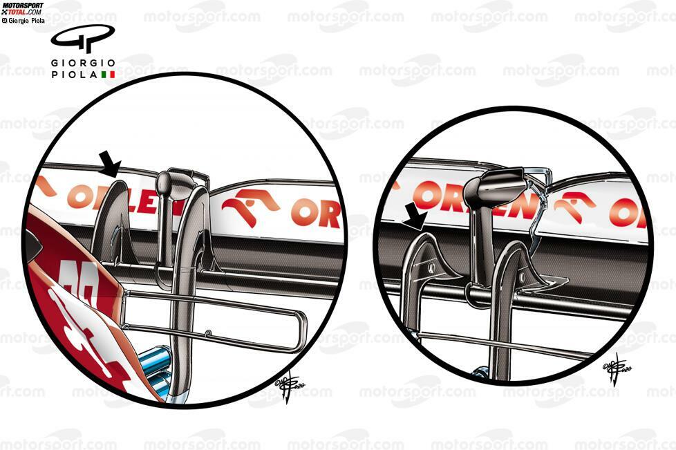 In Barcelona wurde auch ein neuer Heckflügel getestet. Dabei (links) sind die Befestigungen viel höher gezogen als beim alten Design (rechts). Offenbar verspricht sich das Team auch hier aerodynamische Verbesserungen.