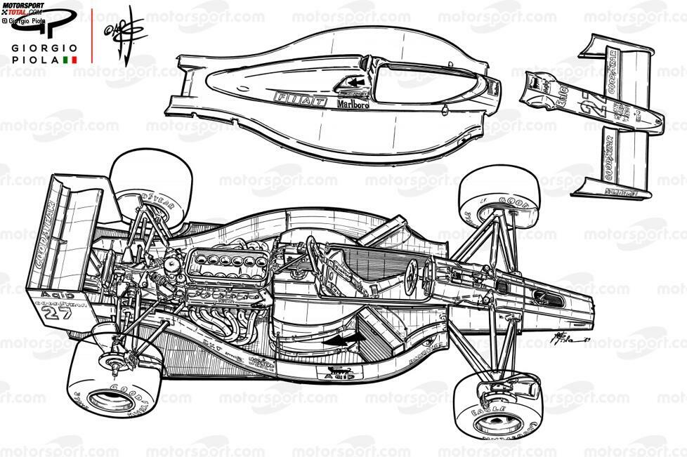 ... der zum Ende der 1980er-Jahre teilweise noch seitlich des Fahrers in den Cockpitbereich der Fahrzeuge integriert ist. Das zeigt diese Zeichnung des Ferrari 640 von Berger aus der Saison 1989.
