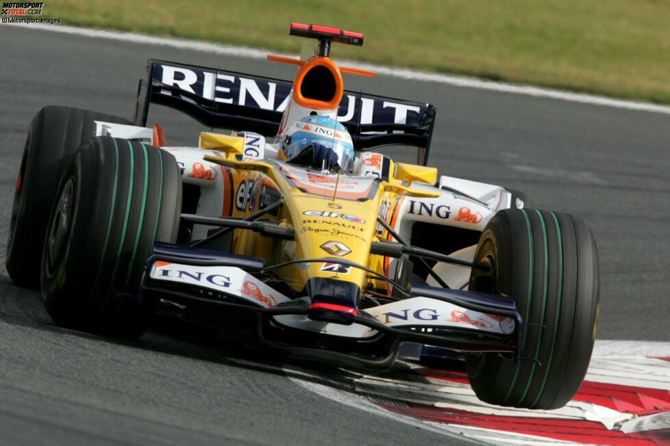 2008: Fernando Alonso steuert den R28 zum bislang letzten Sieg eines Renault-Werksteams in der Formel 1. Schauplatz dafür ist der Fuji Speedway in Japan.