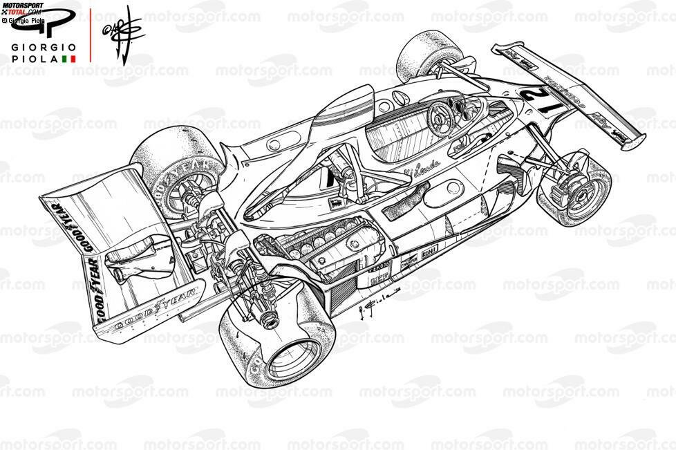 Der Ferrari 312T als Zeichnung im Zustand von vor dem Spanien-Grand-Prix.