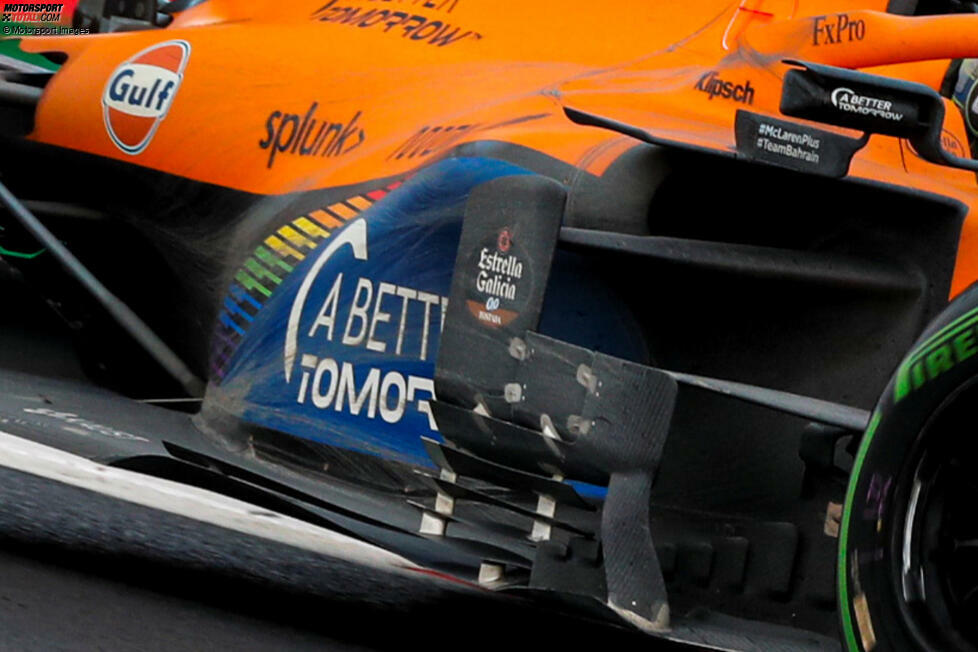 Wie bei Williams, so am McLaren MCL35: Das Regenrennen hat seine Spuren auf der Außenhaut des Rennfahrzeugs hinterlassen.