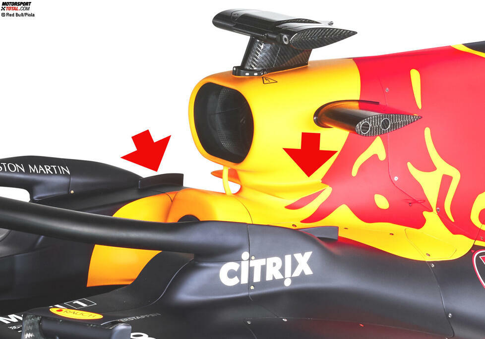 Am hinteren Ende des Cockpits finden sich zwei kleine Finnen, wie sie einst Marussia in die Formel 1 eingeführt hat. Am RB16 helfen diese senkrecht stehenden Teile, den vom Halo kommenden Luftstrom gezielt hin zum Heck zu leiten. Ergänzt wird dieses Ensemble durch ein kleines Winglet direkt unterhalb der Airbox.