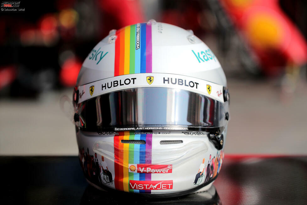 Der neue Formel-1-Helm von Ferrari-Fahrer Sebastian Vettel: Anstelle der deutschen Flagge erstreckt sich jetzt ein Regenbogen über den Kopfschutz, den ...