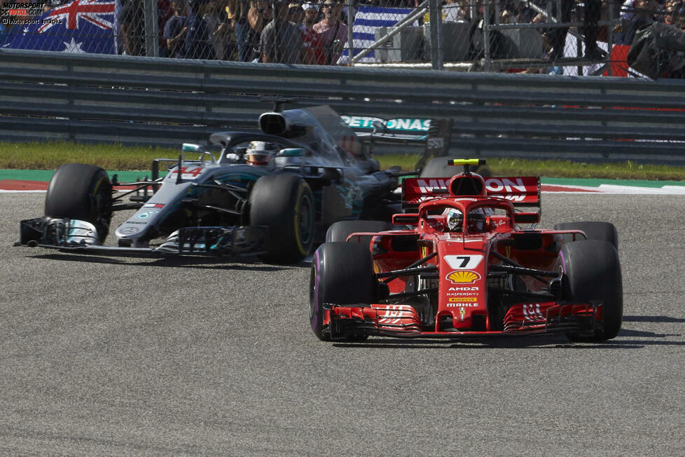 7. Grand Prix der USA 2018, Austin (Ferrari, P1): Durch eine Strafe von Teamkollege Vettel steht Räikkönen in der ersten Startreihe. Er nutzt seinen Gripvorteil auf ultrasoften Reifen und übernimmt am Start die Führung von Hamilton. Doch im Rennverlauf setzt nicht nur er Räikkönen unter Druck, auch Max Verstappen stößt hinzu.
