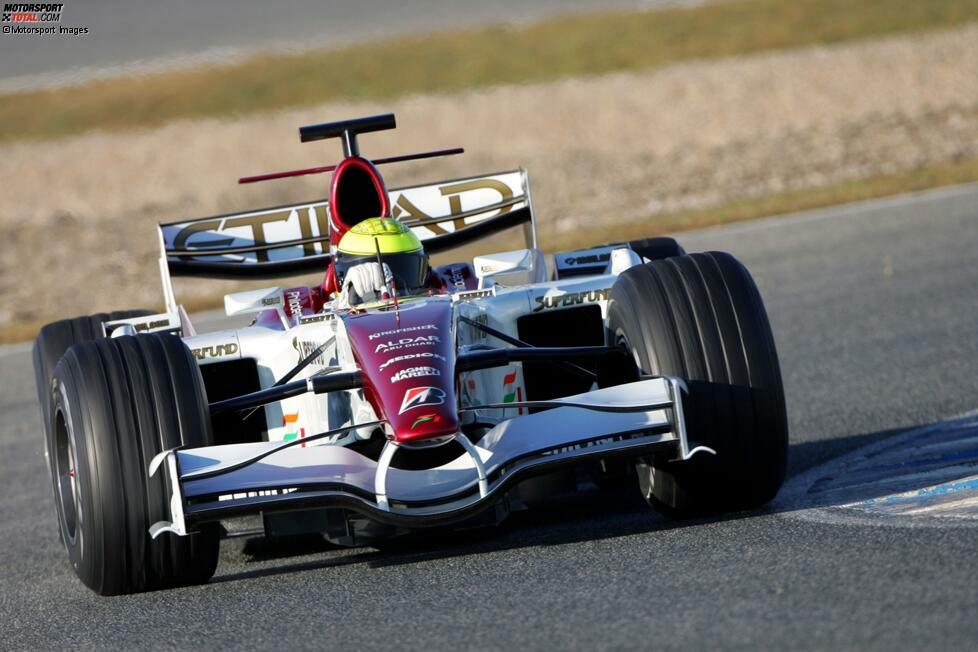 2007: Bei Formel-1-Testfahrten im Anschluss an die Rennsaison testet Ralf Schumacher einmalig für Force India - als Gefallen für Teamchef Vijay Mallya, wie er sagt. Seine Grand-Prix-Karriere setzt Schumacher nicht fort, sondern wechselt in die DTM.