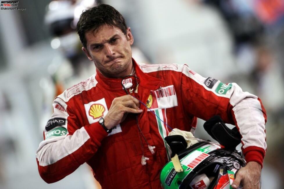 Giancarlo Fisichella (2009): Er ist nicht nur der bis heute letzte Italiener im Ferrari-Cockpit. Er ist auch der letzte Pilot, der im Ferrari kein Rennen gewinnen kann. Ende der Saison 2009 springt er fünfmal für den verletzten Felipe Massa ein - und bleibt fünfmal ohne Punkte. Es sind gleichzeitig seine letzten Formel-1-Rennen.