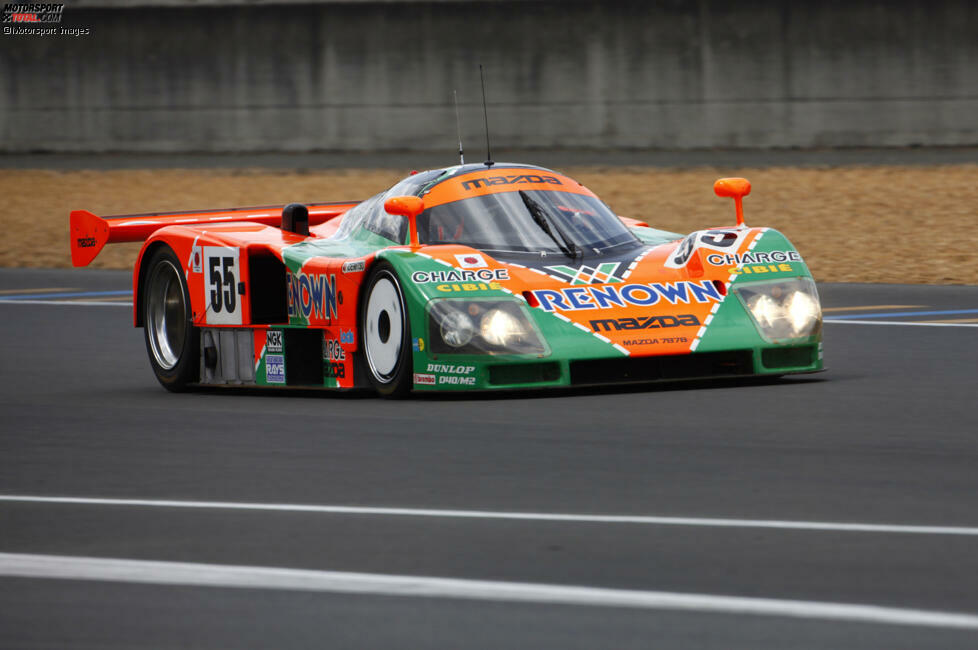 Platz 8: Mazda 787B (1991) - Mit der legendäre grün-organge Lackierung und dem kreischenden Wankelmotor war der Mazda 787B eine auffällige Erscheinung. Und mit dem überraschenden Sieg von Johnny Herbert, Bertrand Gachot und Volker Weidler im Jahr 1991 wurde das Auto auch zu einer Le-Mans-Legende.