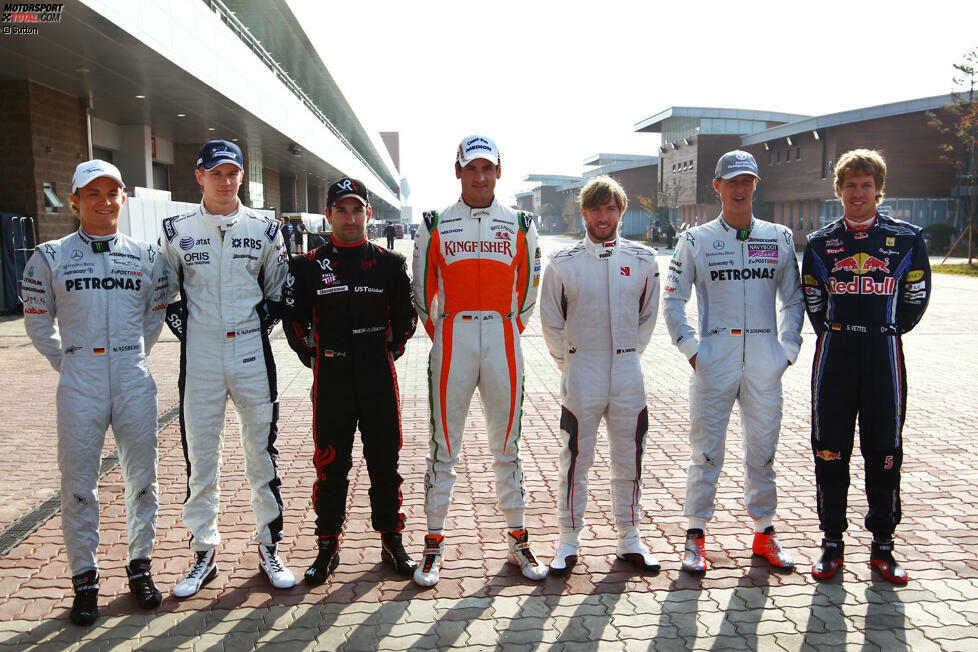 #1 Sieben Deutsche gleichzeitig am Start: Das waren noch Zeiten! 2010 fuhren zeitweise sieben deutsche Piloten gleichzeitig in der Formel 1: Nico Rosberg (Mercedes), Nico Hülkenberg (Williams), Timo Glock (Virgin), Adrian Sutil (Force India), Nick Heidfeld (Sauber), Michael Schumacher (Mercedes) und Sebastian Vettel (Red Bull).