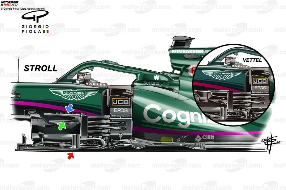 Die veränderten Bargeboards sind das Herzstück des Österreich-Updates. Weil diese neuen Teile bisher lediglich in einfacher Ausführung zur Verfügung standen, waren sie zunächst nur am Auto von Lance Stroll. Was am sogenannten Bargeboard-Cluster wirklich neu ist, markieren die Pfeile.