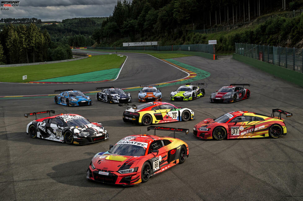 4: Audi schaffte es diesmal zwar nicht auf die Pole. Dafür aber hat der Hersteller aus Ingolstadt im Rennen alle vier werksseitig eingesetzten R8 LMS GT3 (Bildvordergrund) in den Top 10 ins Ziel gebracht. In Platzierungen gesprochen: P2 (#32) und P4 (#37) für WRT, P6 (#25) für Sainteloc und P9 (#66) für Attempto.