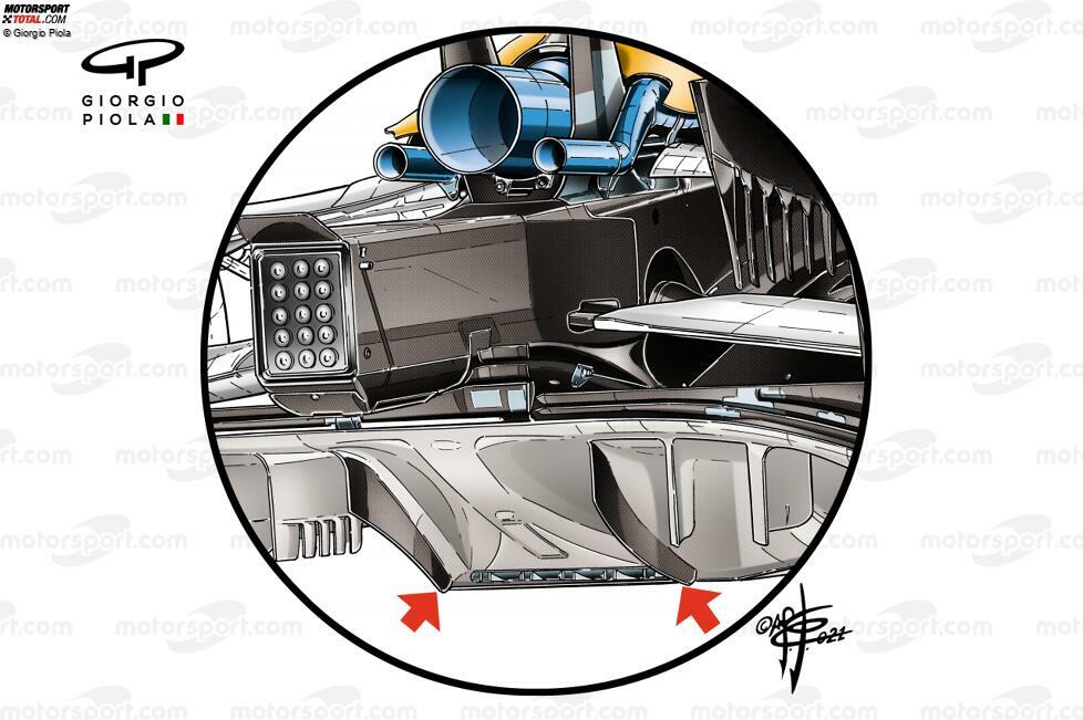 Die Änderung des Aerodynamik-Reglements für 2021 verlangte, dass die vertikalen Streben 50 mm kürzer sein müssen. McLaren erkannte jedoch in einer neuartigen Lösung, dass man das niedrigere Format beibehalten konnte, indem man die zentralsten Streben mit dem zentralen Übergang des Diffusors verband.