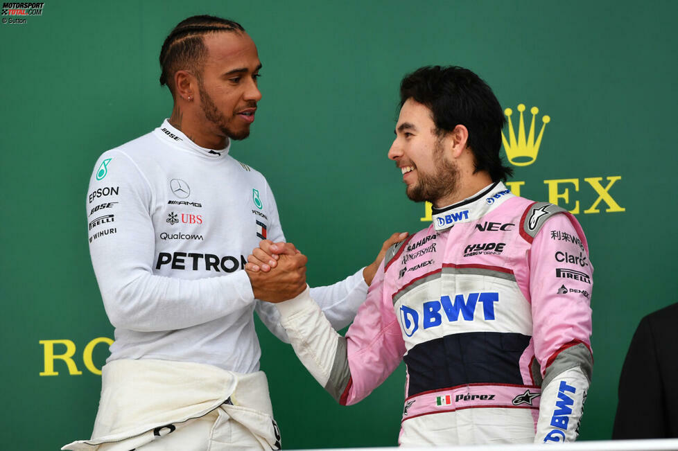 8. Podium: Großer Preis von Aserbaidschan 2018 für Force India - 3. Platz hinter Lewis Hamilton (1./Mercedes) und Kimi Räikkönen (2./Ferrari)