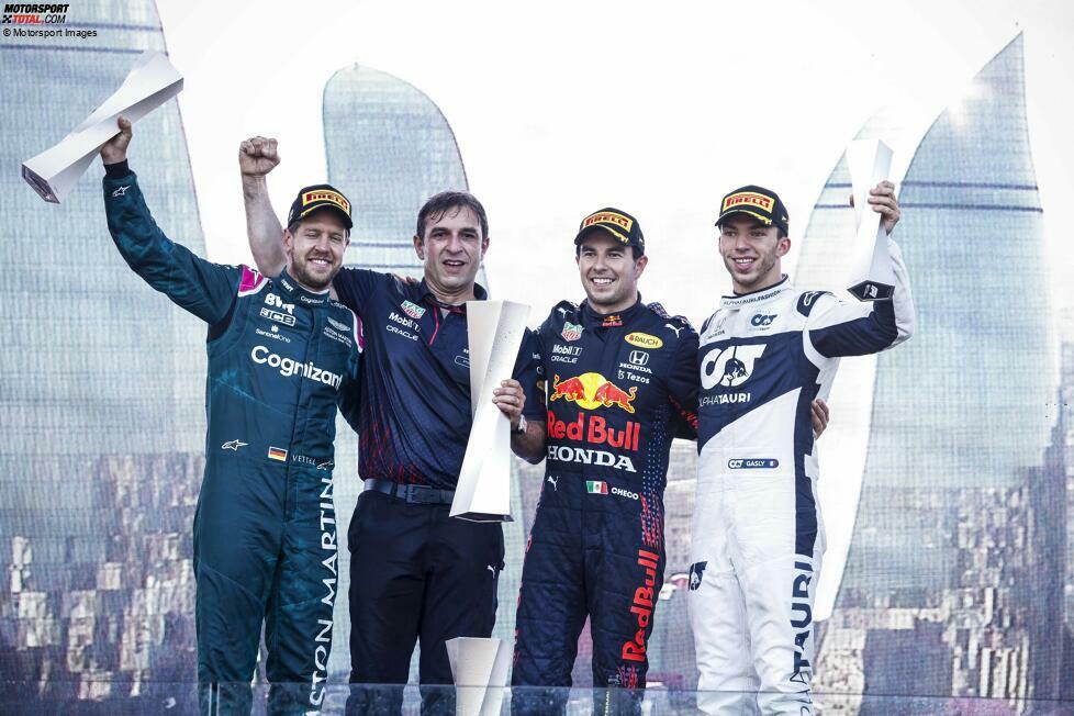 11. Podium: Großer Preis von Aserbaidschan 2021 für Red Bull - 1. Platz vor Sebastian Vettel (2./Aston Martin) und Pierre Gasly (3./AlphaTauri)
