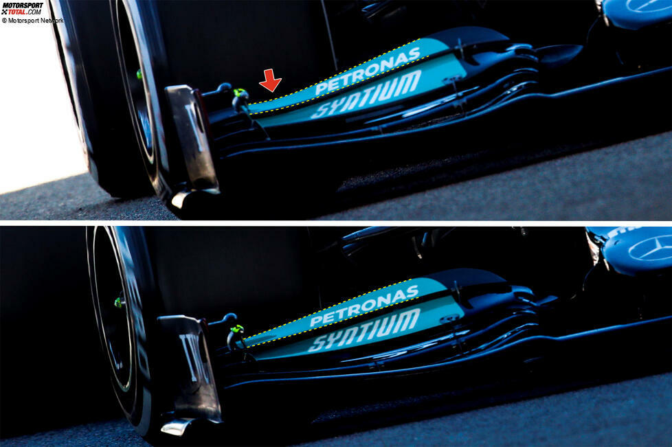 Der Flügel mit dem höheren Abtrieb (Bottas) hat eine größere V-förmige Rille in der Mitte und größere Aussparungen an den Kanten, um den Luftwiderstand zu verringern. Interessanterweise testete Mercedes im FP1 auch einen überarbeiteten Frontflügel an Hamiltons Auto (oben). Die obere Klappe ist anders geformt.