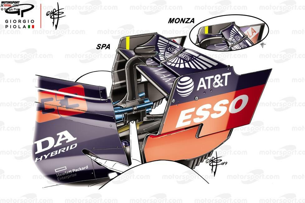 Seit 2019 setzt Red Bull bereits auf diese Designlinie. Die Heckflügel für Spa und Monza sind grundsätzlich ähnlich, unterscheiden sich nur im Detail, siehe Bild: In der Monza-Variante ist das Hauptprofil flacher gehalten, außerdem das DR-System nochmals kompakter.