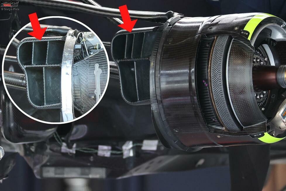 Am vorderen Bremsschacht hat Red Bull im oberen Bereich eine weitere Strebe eingebaut. Der kleine Ausschnitt zeigt die bisherige Version. Mit der Neuerung will das Team die einströmende Luft noch gezielter an den Bestimmungsort lenken.