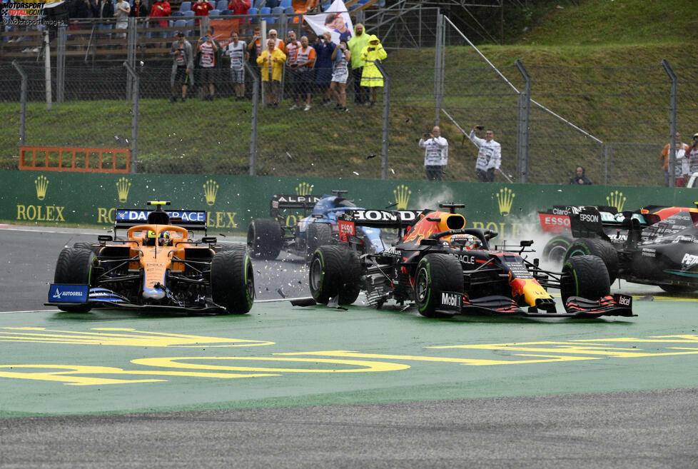 Budapest: Wieder eine schlechte erste Rennrunde für Red Bull, dieses Mal aufgrund von Hamilton-Kollege Bottas. Der sorgt für einen Startcrash, in den auch Verstappen verwickelt wird. Letzterer rettet sich auf P9 ins Ziel. Hamilton wird Zweiter und übernimmt wieder die WM-Führung. Neuer Punktestand aus seiner Sicht: 195:187,